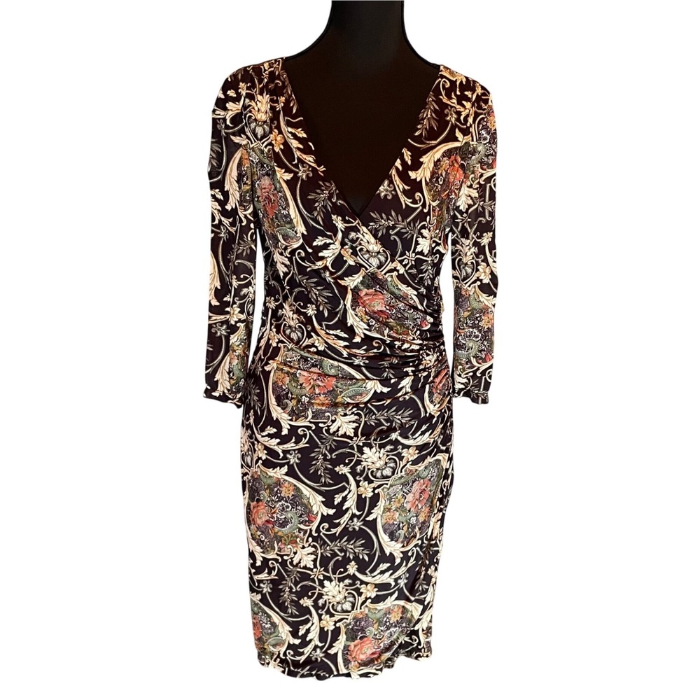 Kay Unger Brown Baroque Floral Faux Wrap Ruched Sheath Dress 8 Whimsy Witch 90s